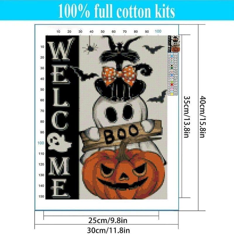 Kaixine Halloween Stamped Cross Stitch Kits for Adults Beginner, Black Cat Pumpkin Cross Stitch Kits Printed Stitching Patterns Dimensions Needlepoint Art Crafts Embroidery Kits for Adults Beginners 12x16 in - Image 4